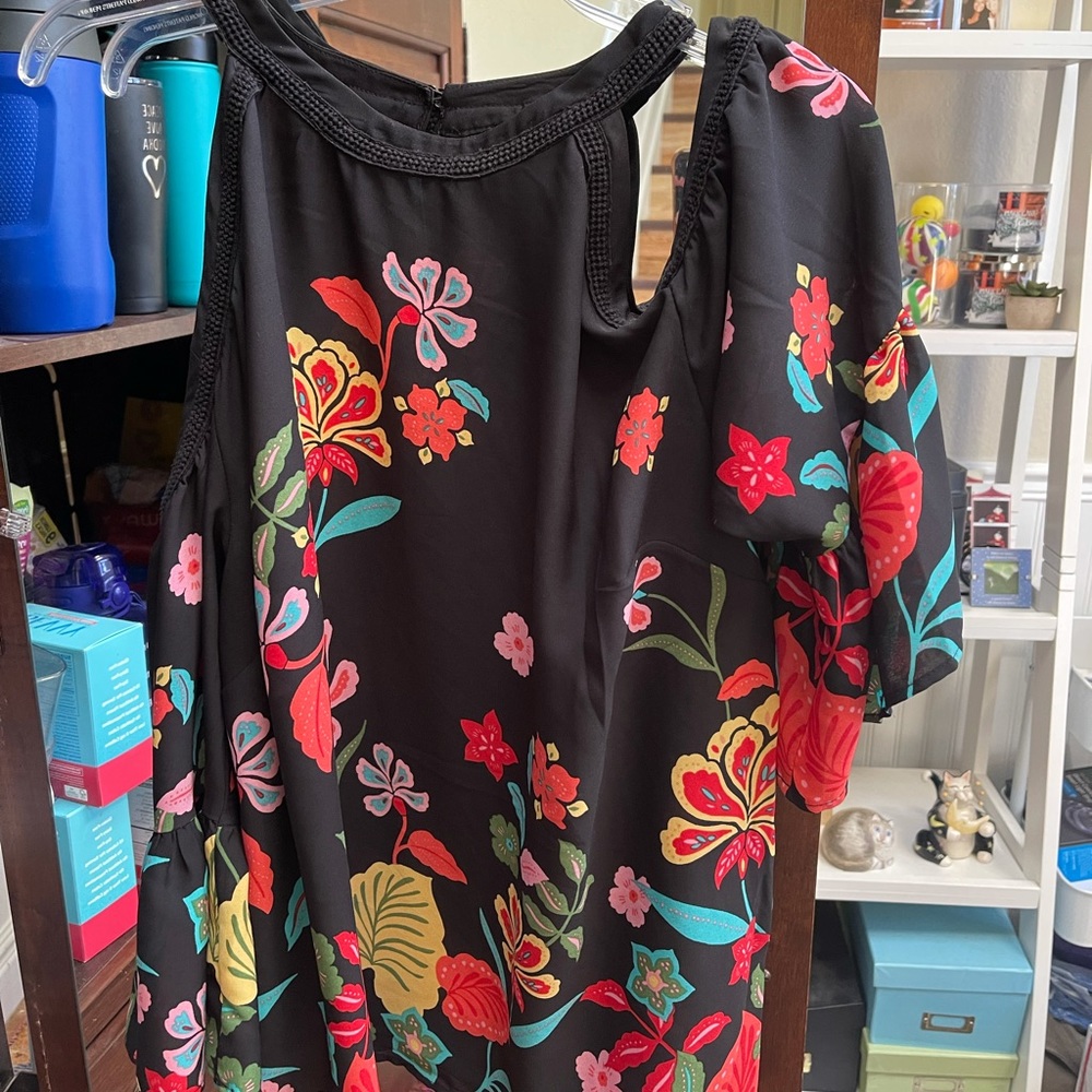 Black rayon, halter top with multi-colored flowers, flowy sleeves, size Medium